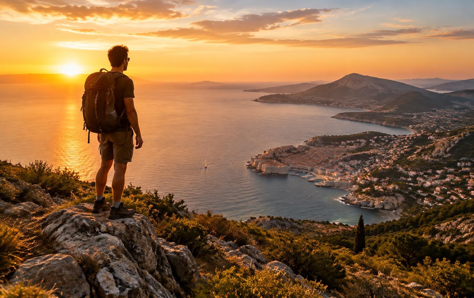 Traveler overlooking a coastal town at sunset